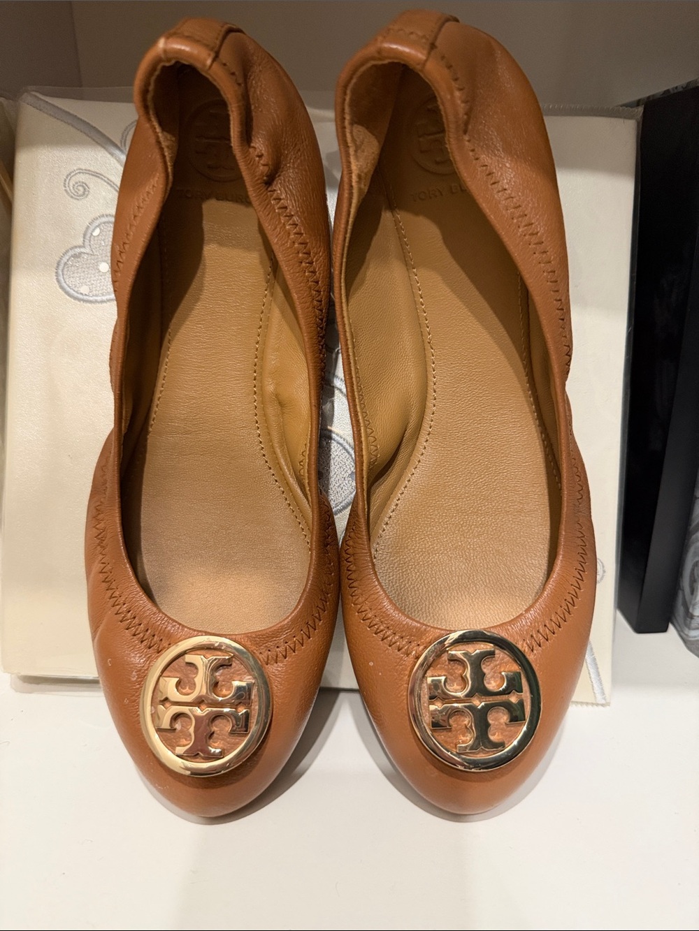 Tory Burch Cognac Leather Logo Ballet Flats